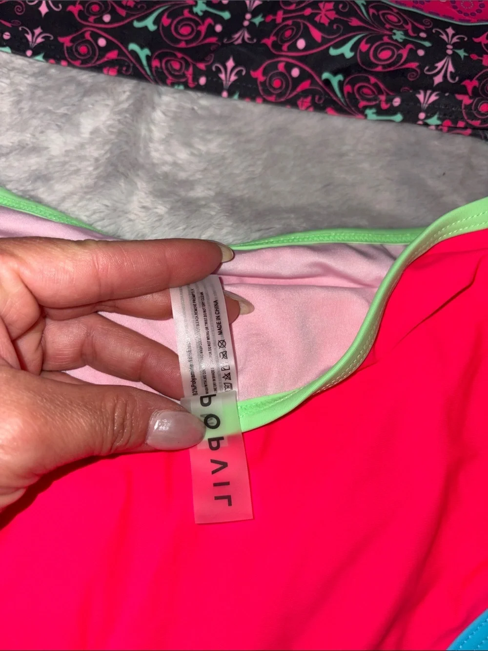 Cupshe Neon Pink High Waist Bikini Set with Black Patterned Top